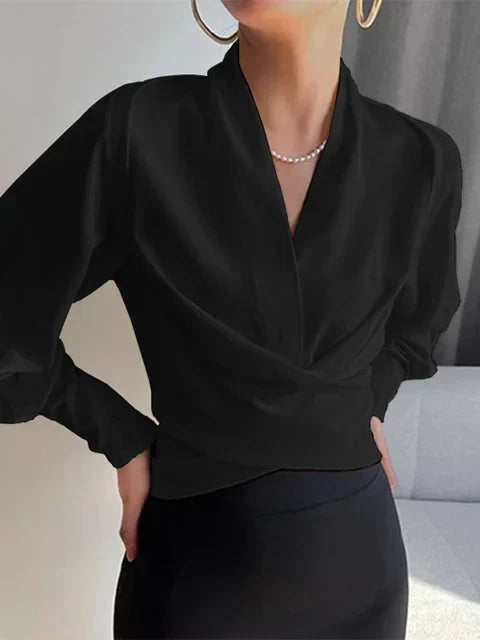 Women's Satin Long Sleeve Wrap Blouse Draped V Neck Shirt