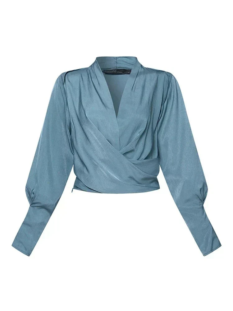 Women's Satin Long Sleeve Wrap Blouse Draped V Neck Shirt