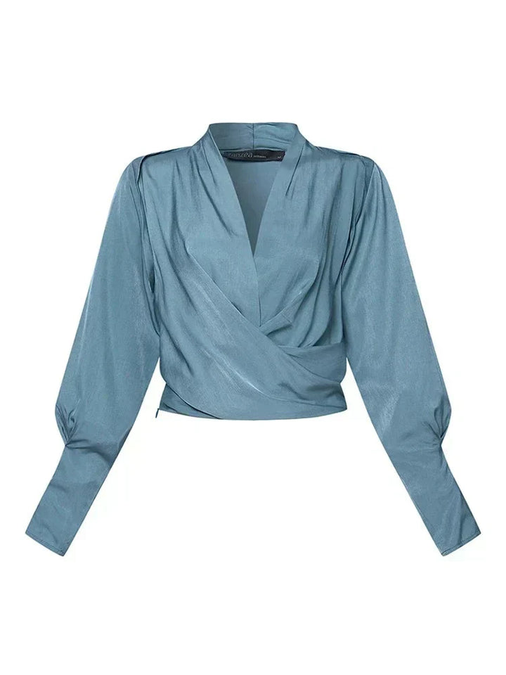 Women's Satin Long Sleeve Wrap Blouse Draped V Neck Shirt