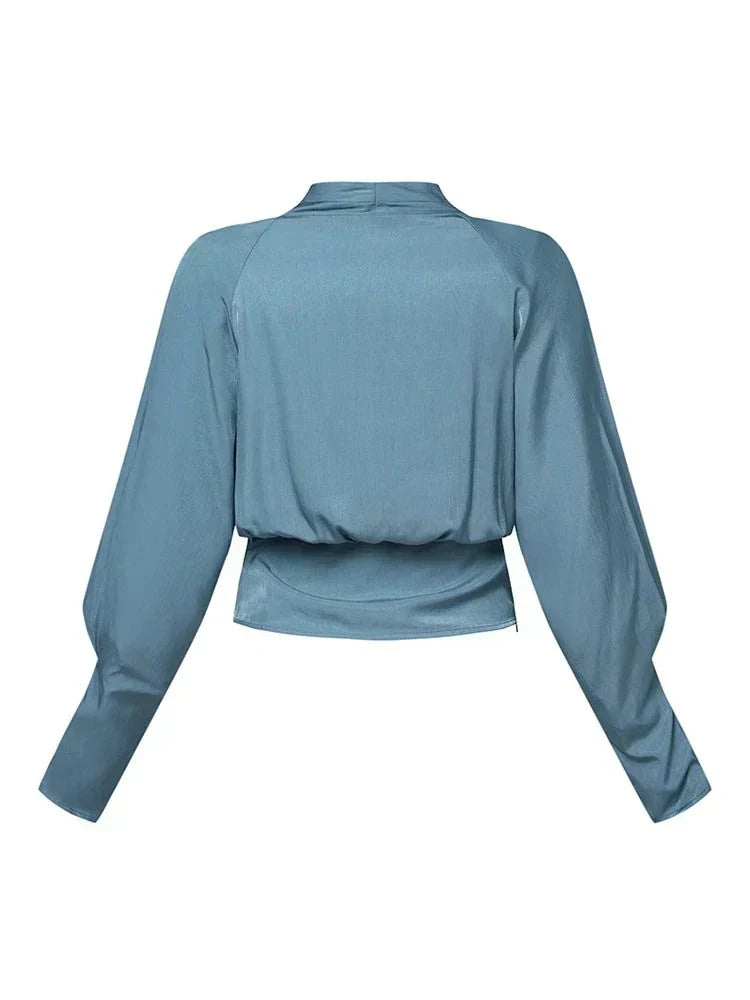 Women's Satin Long Sleeve Wrap Blouse Draped V Neck Shirt