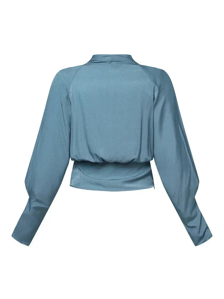Women's Satin Long Sleeve Wrap Blouse Draped V Neck Shirt