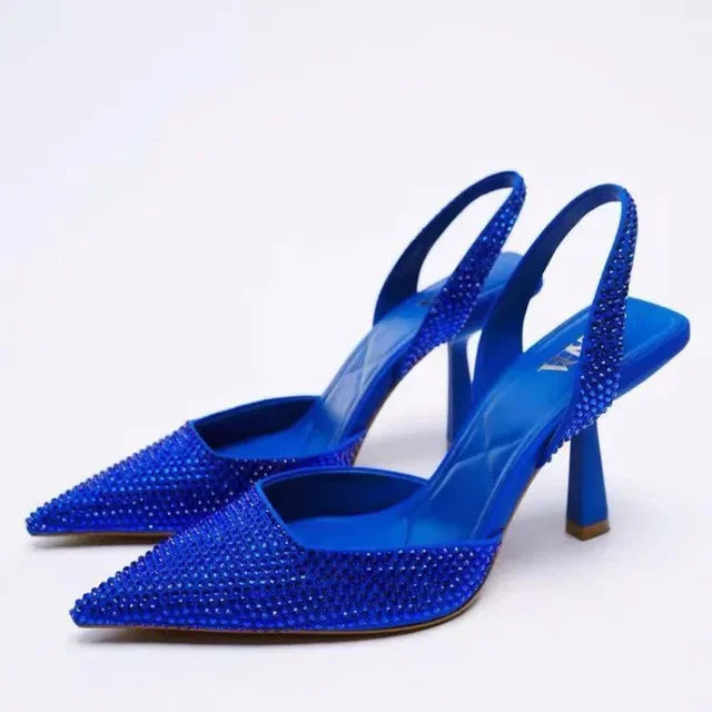 Slingback Heels Women's Pointed Toe Rhinestone Satin Stiletto Pumps