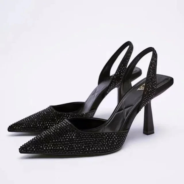 Slingback Heels Women's Pointed Toe Rhinestone Satin Stiletto Pumps