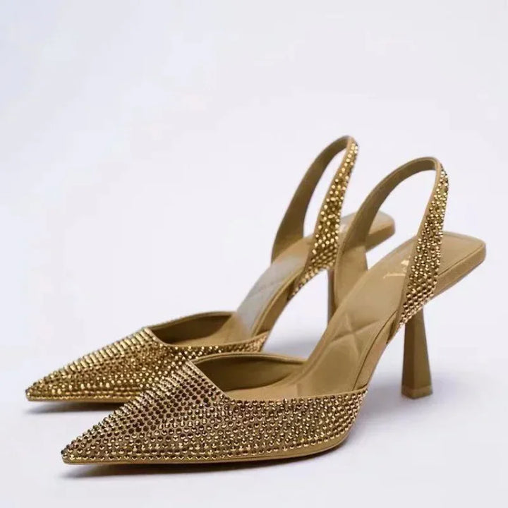 Slingback Heels Women's Pointed Toe Rhinestone Satin Stiletto Pumps