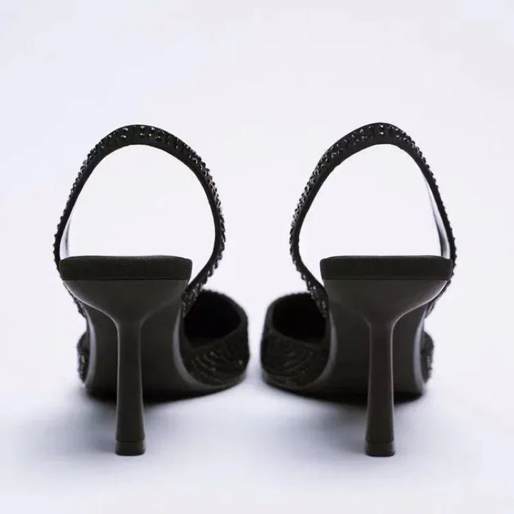 Slingback Heels Women's Pointed Toe Rhinestone Satin Stiletto Pumps