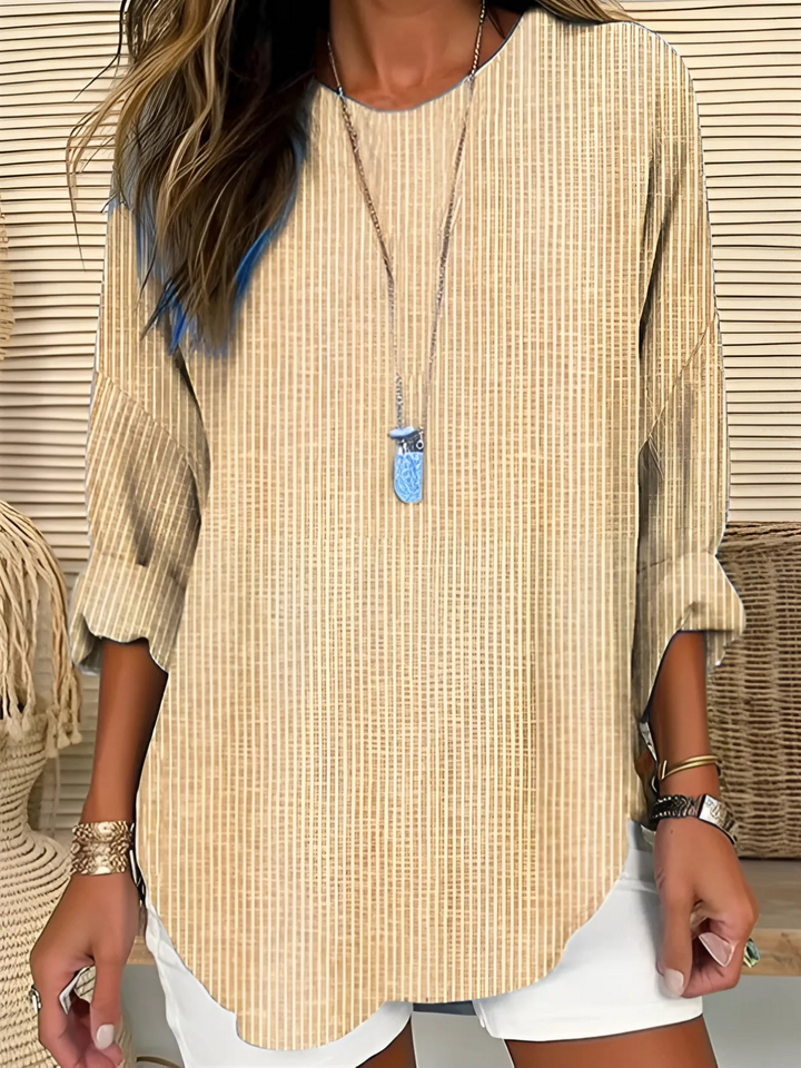 Women's Striped Linen Roll-Up Sleeve Round Neck Blouse