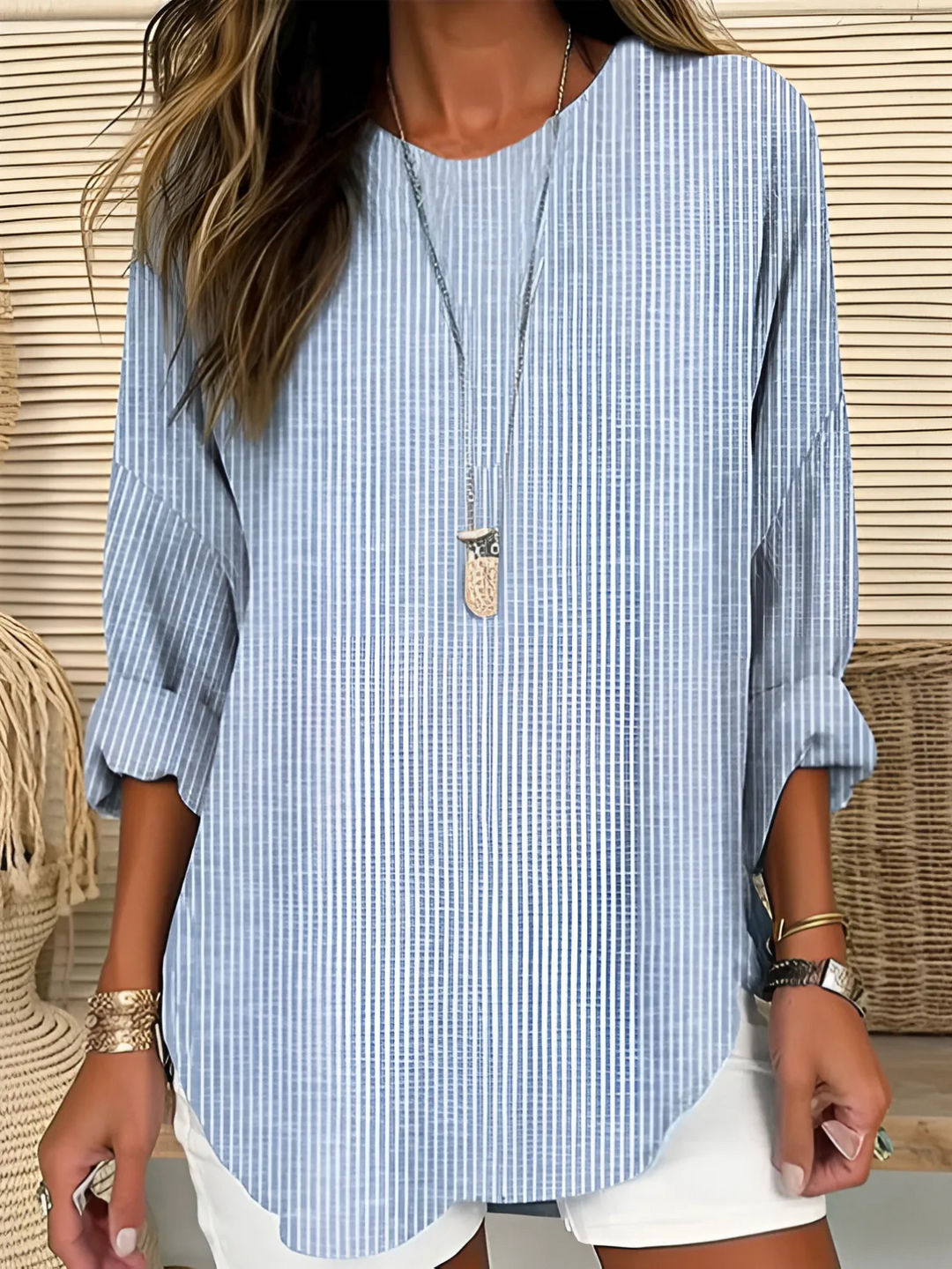 Women's Striped Linen Roll-Up Sleeve Round Neck Blouse