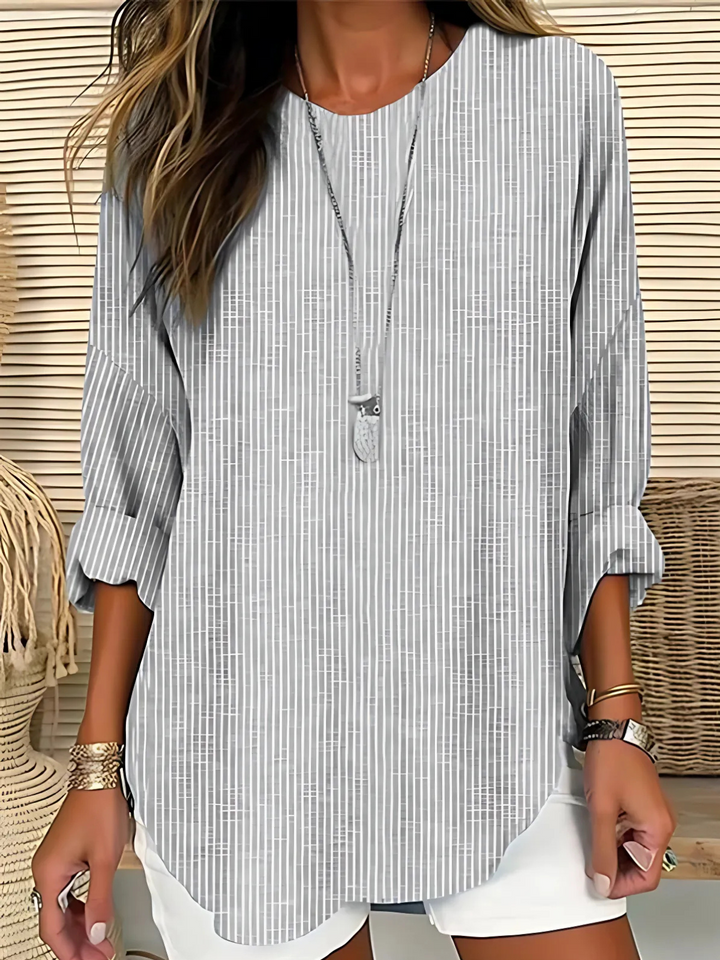 Women's Striped Linen Roll-Up Sleeve Round Neck Blouse