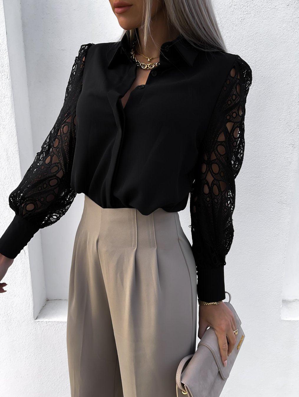 Women’s Silk Button Down Shirt Long Sleeve Cutout Mesh Blouse