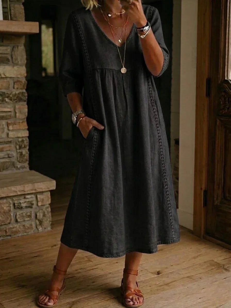 Women's Loose Fit Linen V-Neck Long Sleeve Midi Dress
