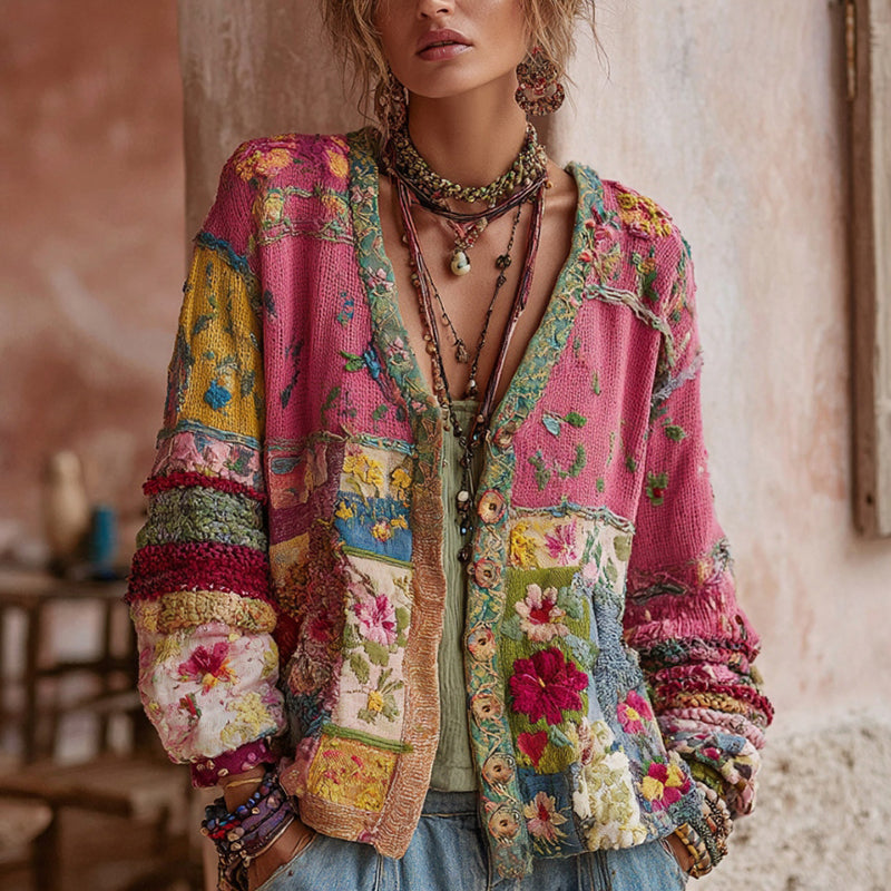Women's Knit Patchwork Boho Floral Cardigan