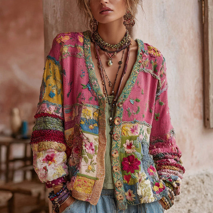 Women's Knit Patchwork Boho Floral Cardigan