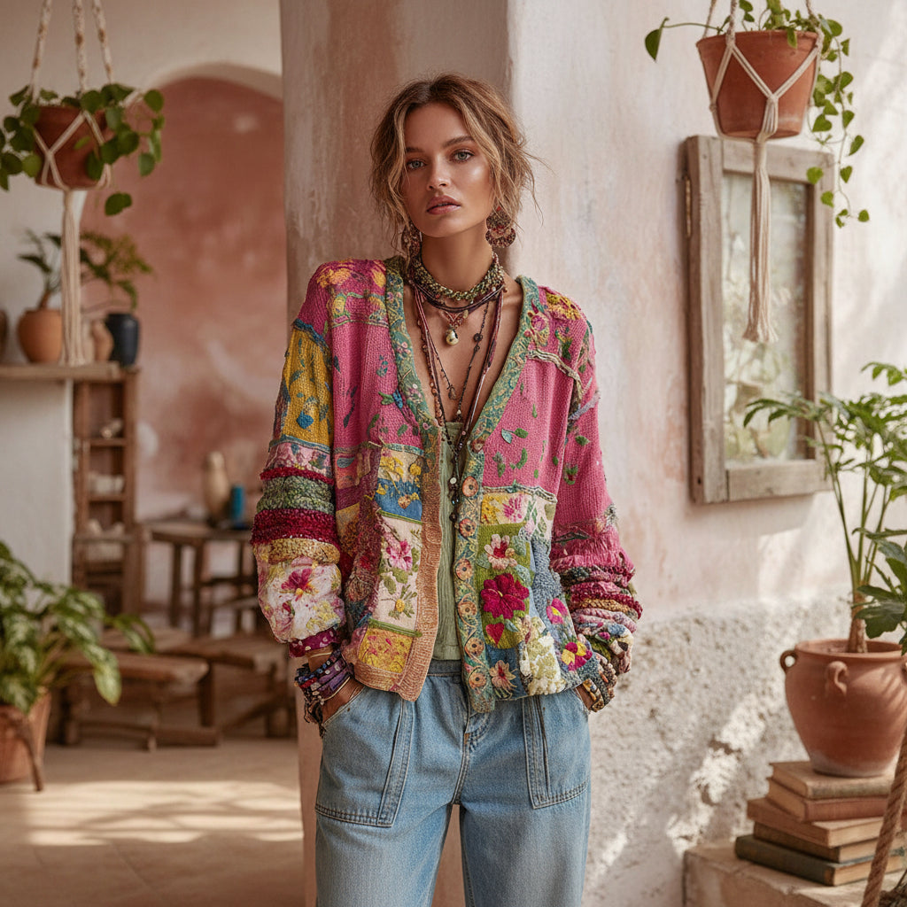 Women's Knit Patchwork Boho Floral Cardigan