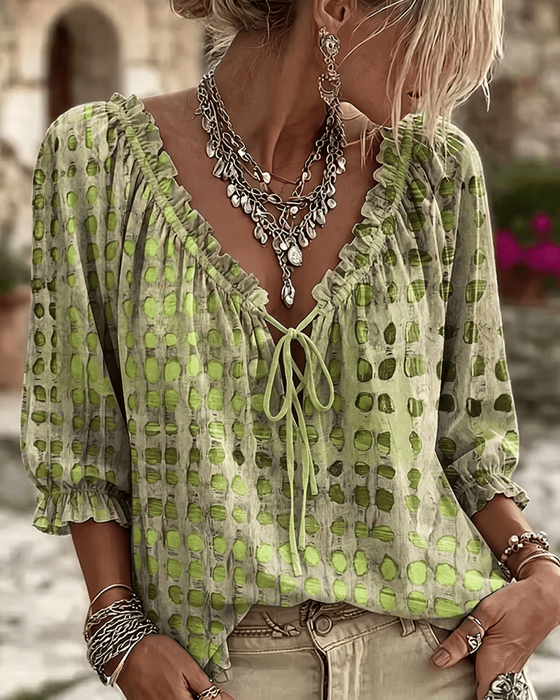Women's Blouse Linen Boho V-Neck Long Sleeve Patterned Tunics