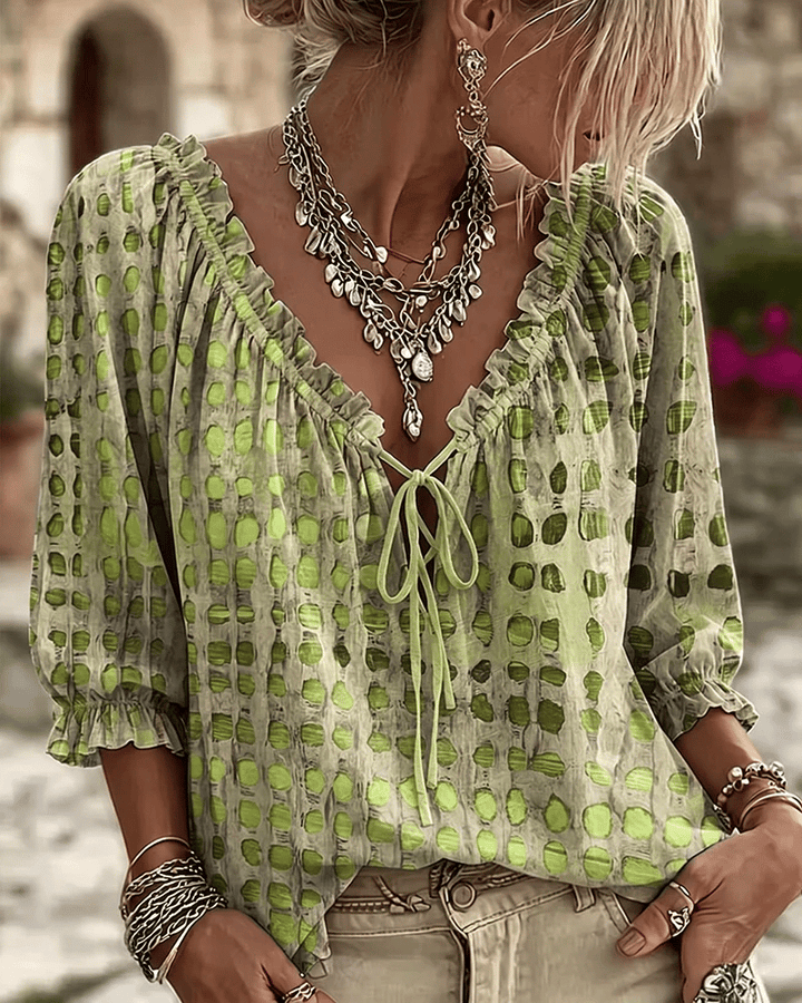 Women's Blouse Linen Boho V-Neck Long Sleeve Patterned Tunics