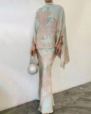 Women's Satin Two Piece Skirt Set Elegant Cape Top Maxi Outfit