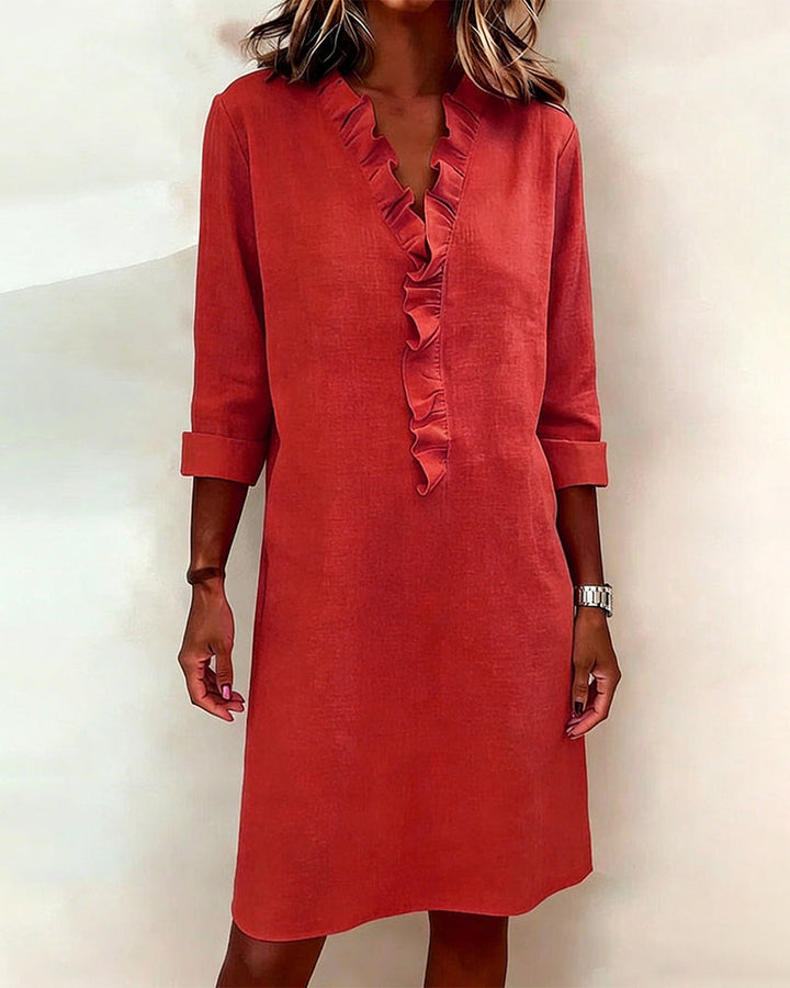Women's Linen Dress Casual V Neck Tunic Shift Long Sleeve Shirt