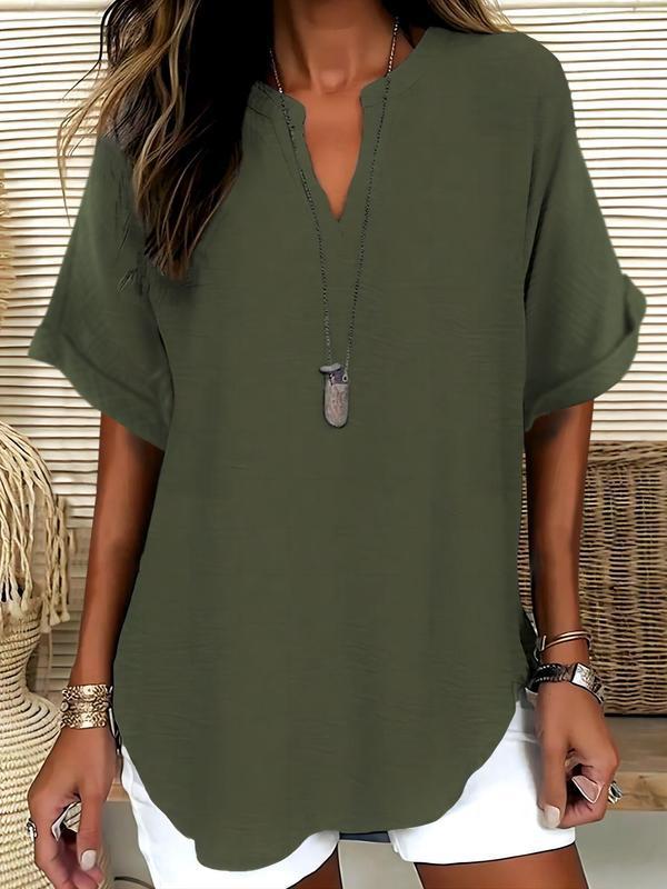 Women Linen Blouse V Neck Short Sleeve Casual Tunic Top
