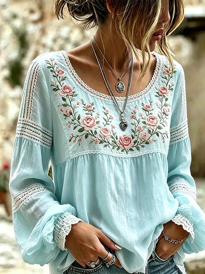 Women's Embroidered Linen Blouse Long Sleeve Casual Top