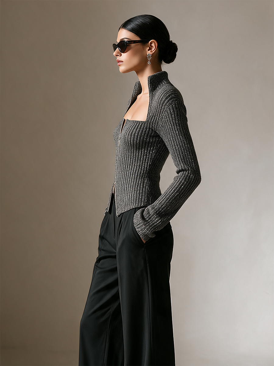 Women's Ribbed Knit Square Neck Zip Up Sweater Cardigan