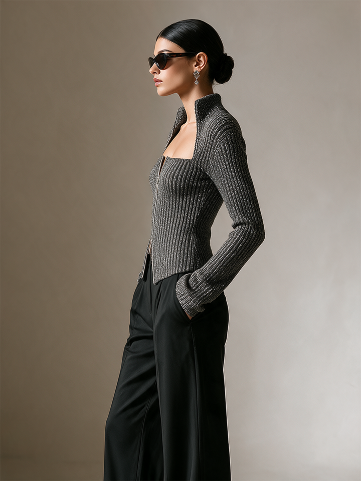 Women's Ribbed Knit Square Neck Zip Up Sweater Cardigan