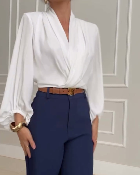 Women's Satin Wrap Blouse Long Sleeve V Neck Shirt Top