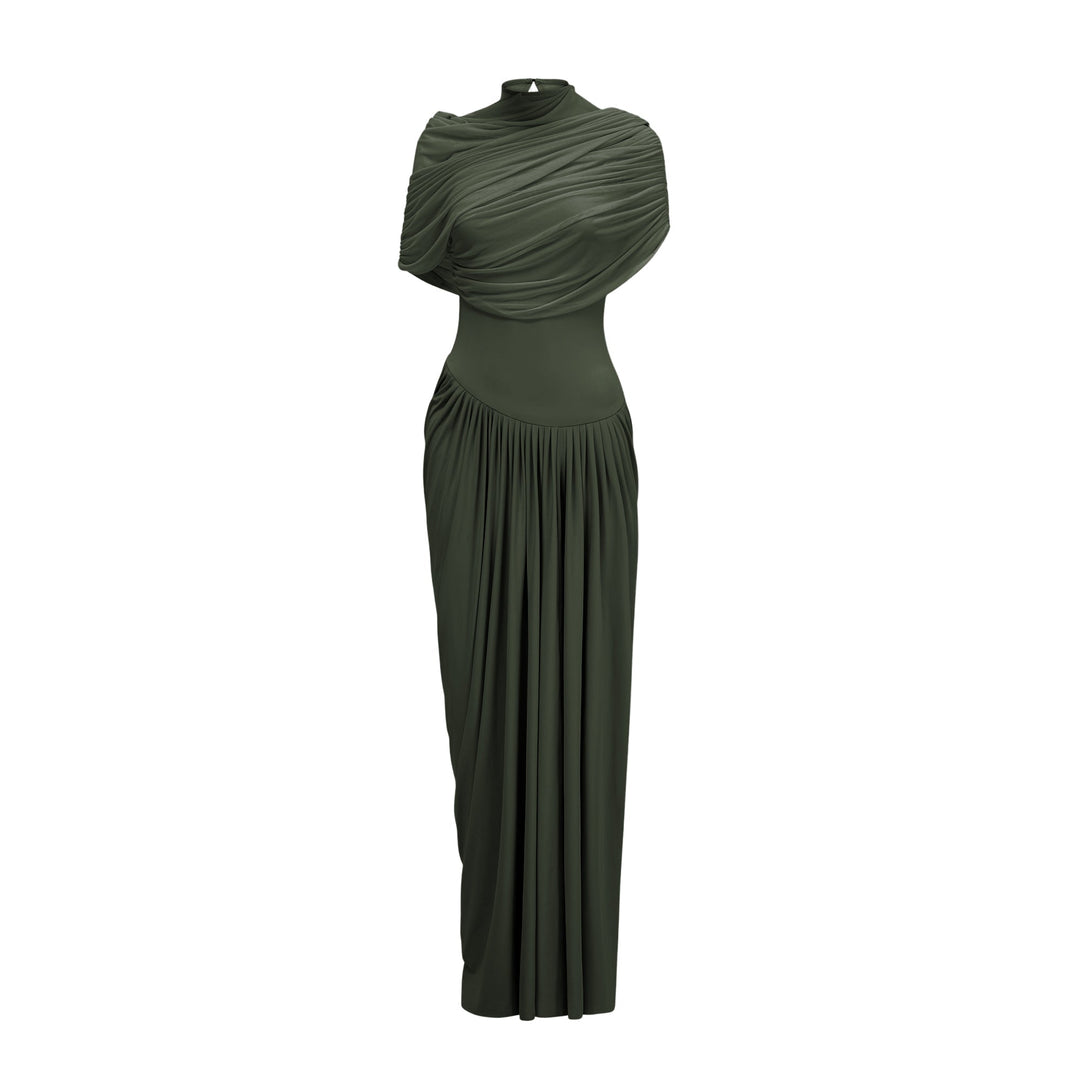 Women’s Satin Draped Mock-Neck Asymmetric Ruched Maxi Dress