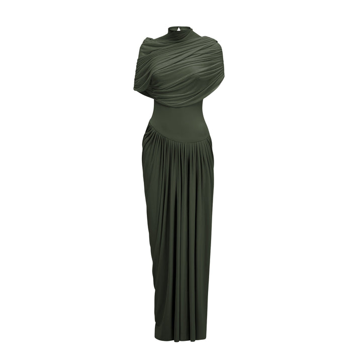 Women’s Satin Draped Mock-Neck Asymmetric Ruched Maxi Dress