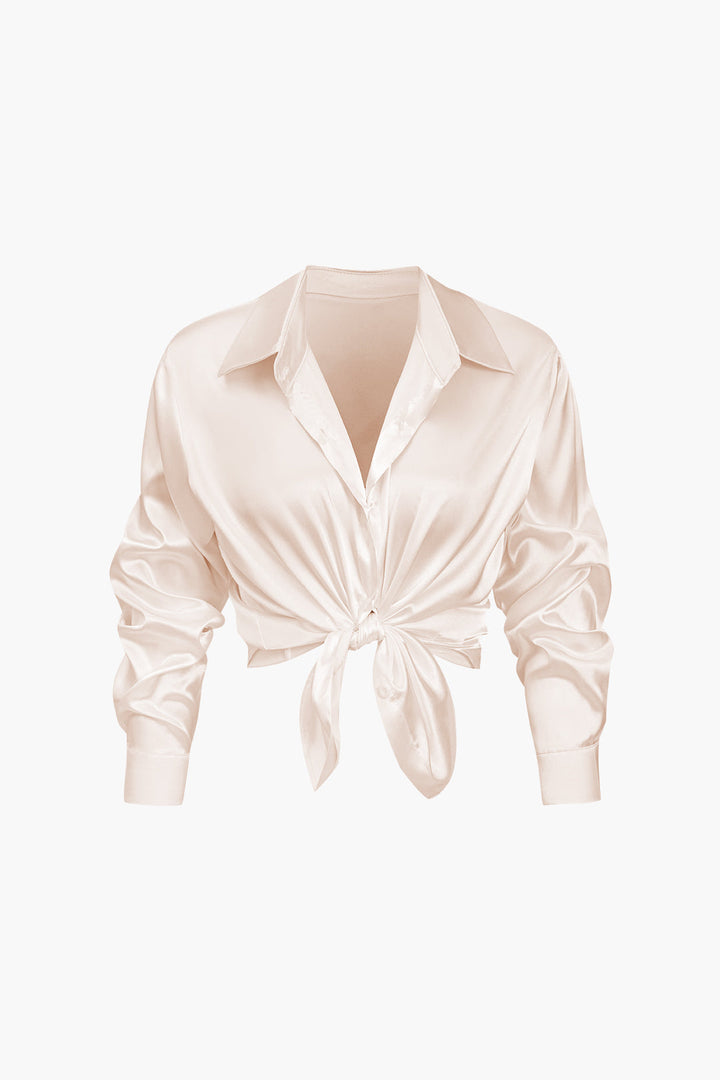 Women's Satin Long-Sleeve Blouse Elegant Silk-Feel Button-Down Shirt