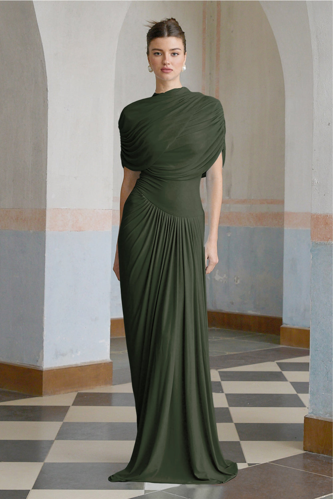 Women’s Satin Draped Mock-Neck Asymmetric Ruched Maxi Dress