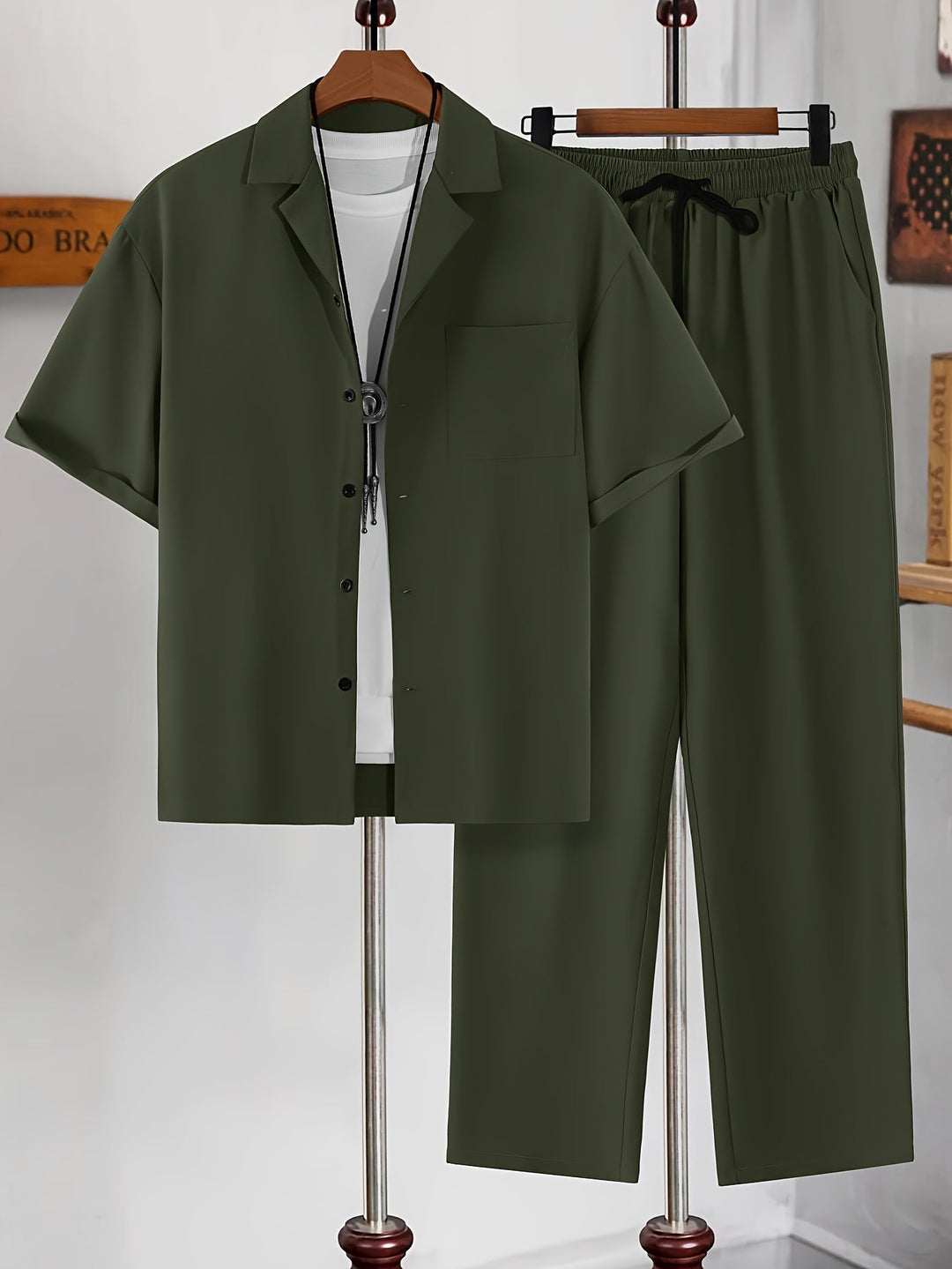 Men's Linen Blend Short Sleeve Shirt and Trousers 2-Piece Set