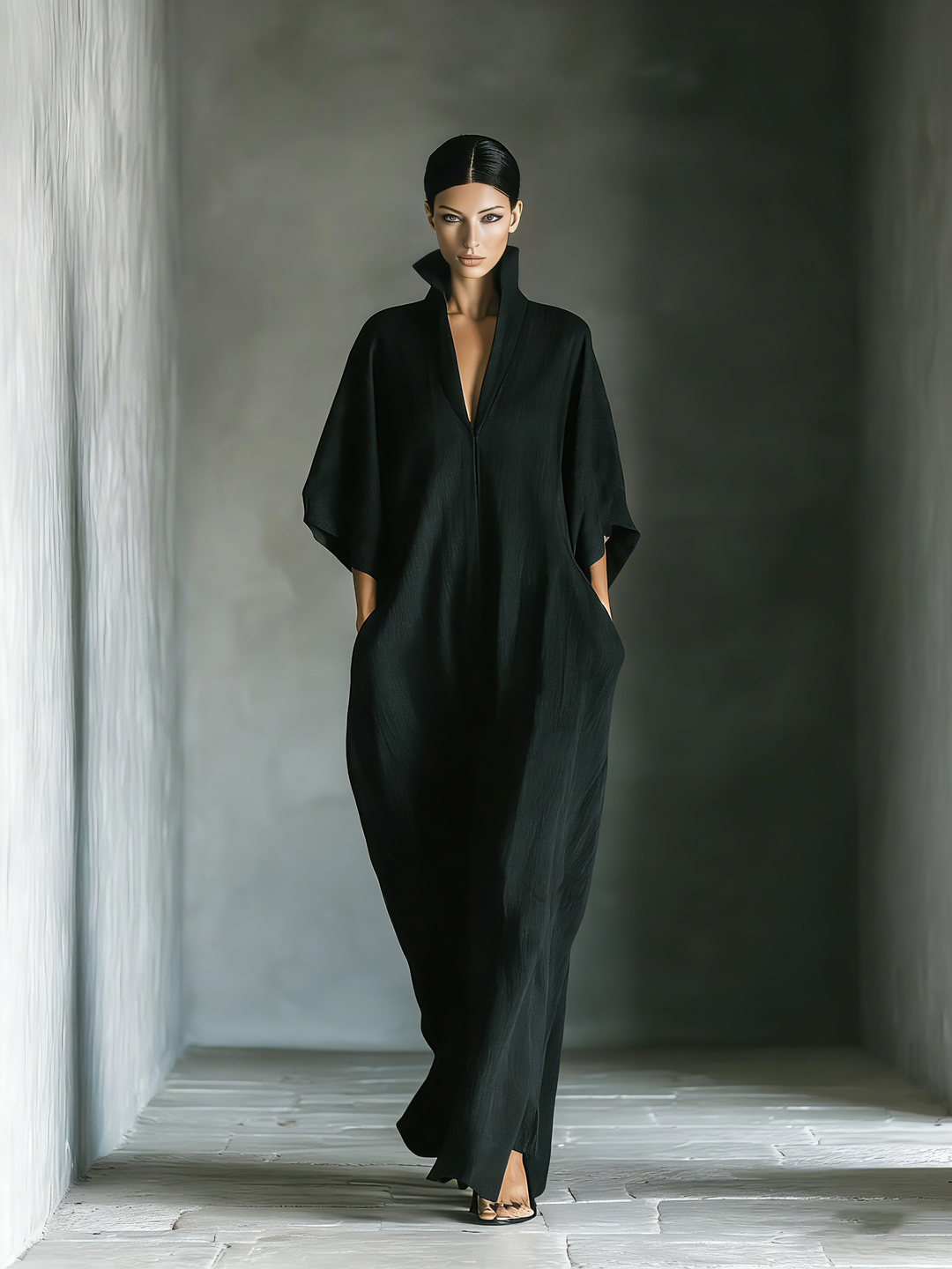 Robe longue pour femme en mélange de rayonne, coupe ample et oversize, manches kimono et col en V