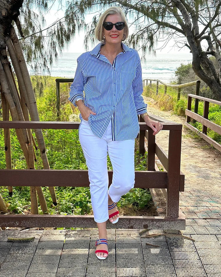 Linen Shirt for Women Button Up Striped Lightweight Blouse