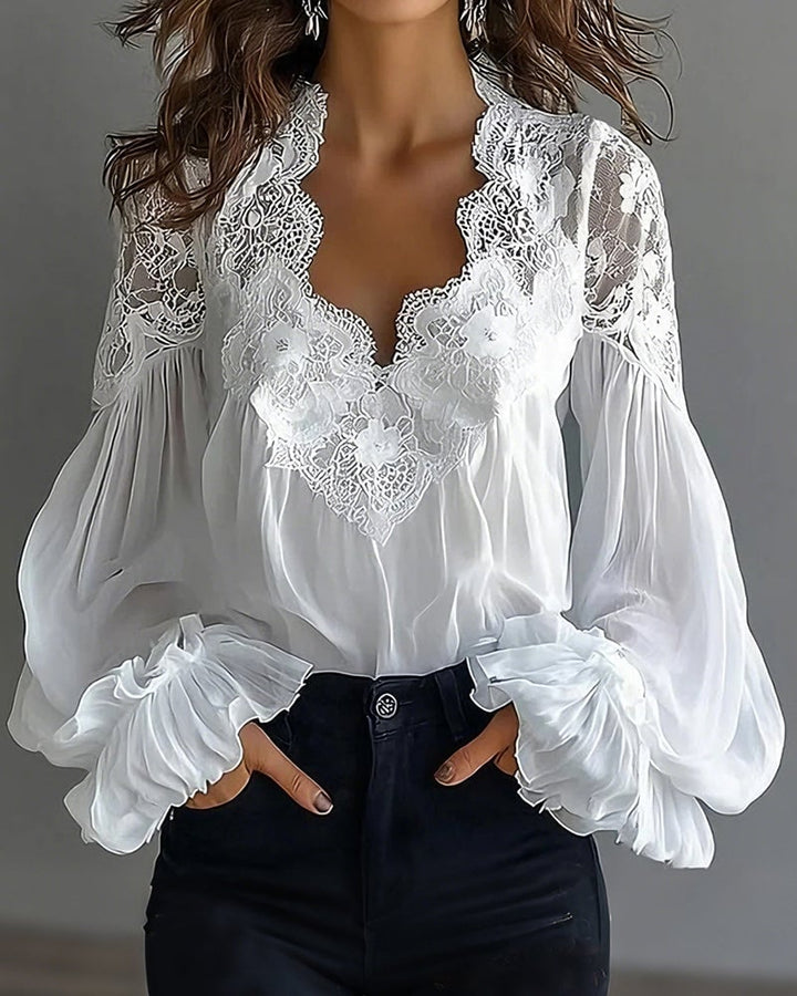 Women's Lace V-Neck Blouse Chiffon Long Sleeve Top