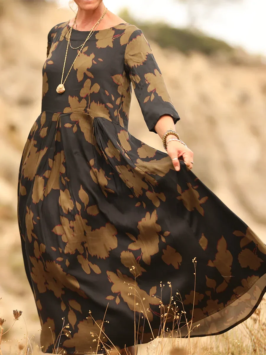 Women's Linen Pleated Long-Sleeve Maxi Dress