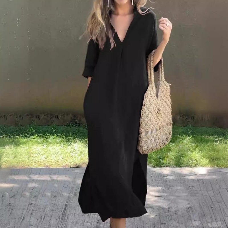 Robe longue caftan pour femme en lin, col en V et manches courtes