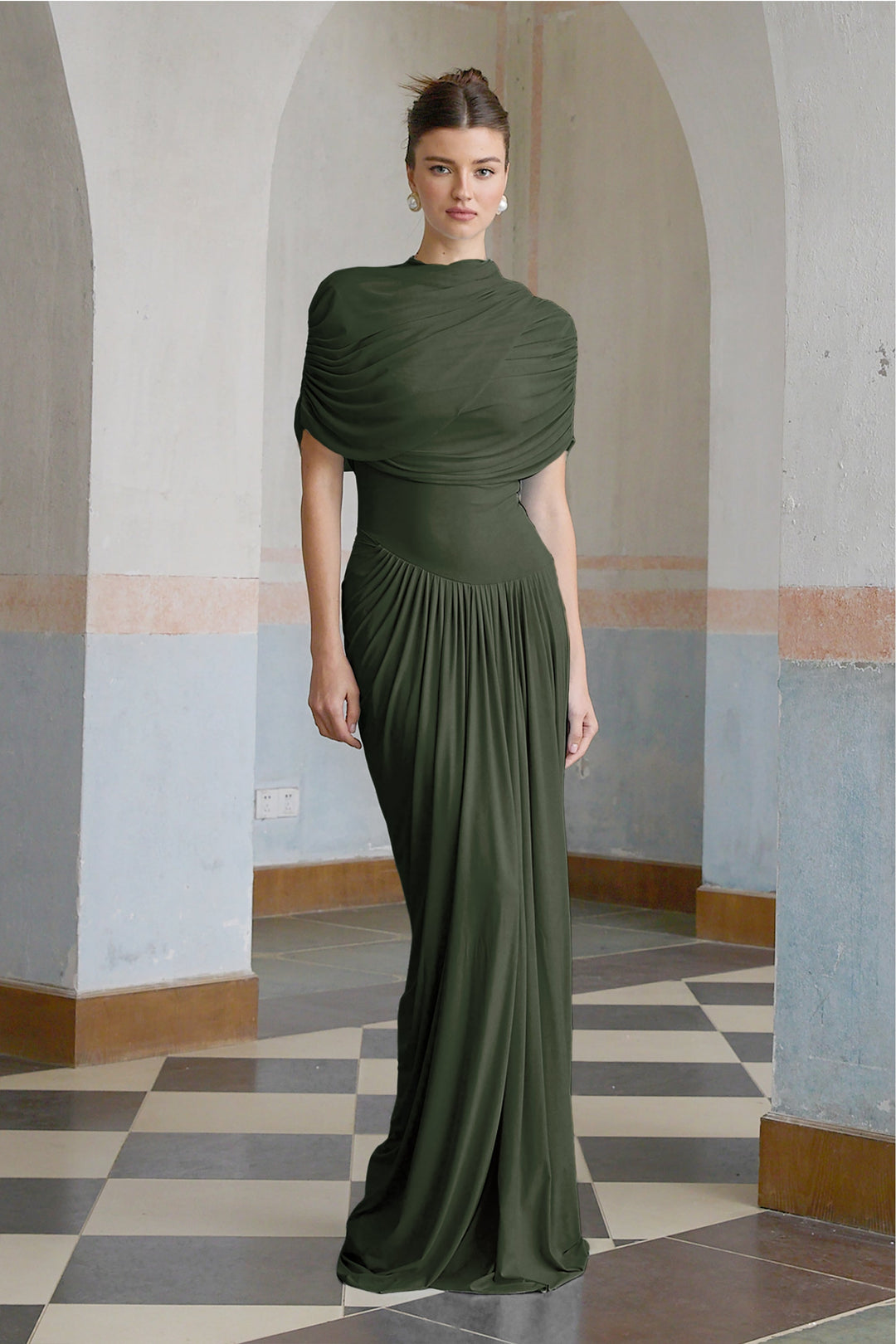 Women’s Satin Draped Mock-Neck Asymmetric Ruched Maxi Dress