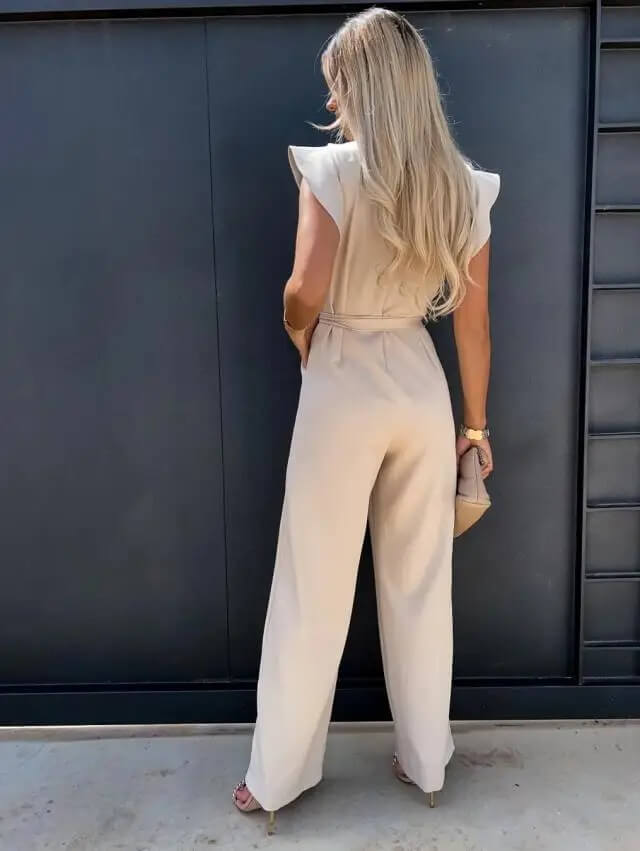 Women's Linen Ruffle Sleeve Belted Jumpsuit Wide Leg