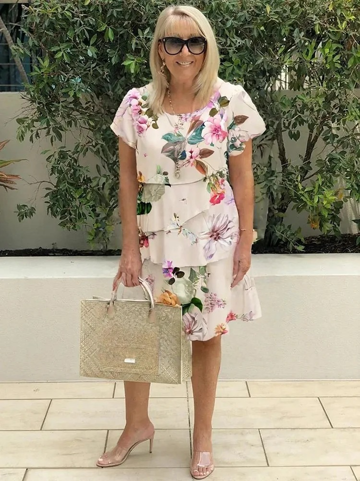 Women's Linen Blend Short-Sleeve Tiered Floral Dress