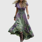Women Linen V Neck Boho Maxi Dress