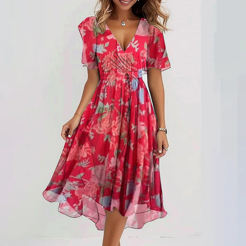 Women's Floral Print Chiffon V-Neck Short Sleeve High-Low Midi Dress