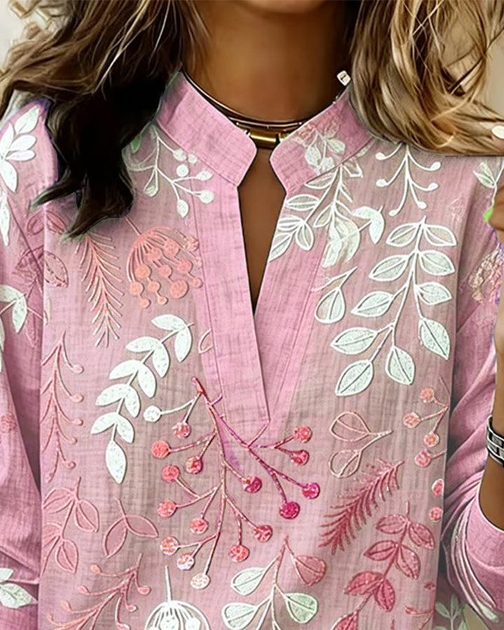 Women's Floral Print Linen V-Neck Long Sleeve Blouse
