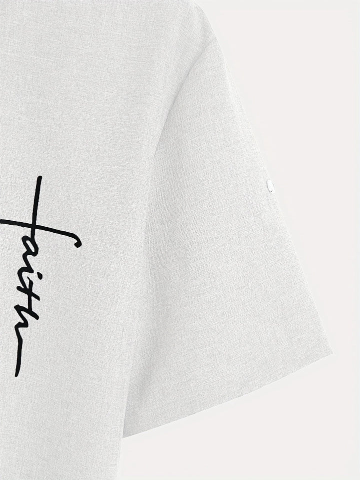 Men Henley Linen Shirt Casual Short Sleeve Cross Graphic Tee