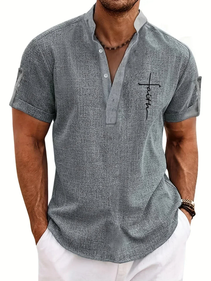 Men Henley Linen Shirt Casual Short Sleeve Cross Graphic Tee