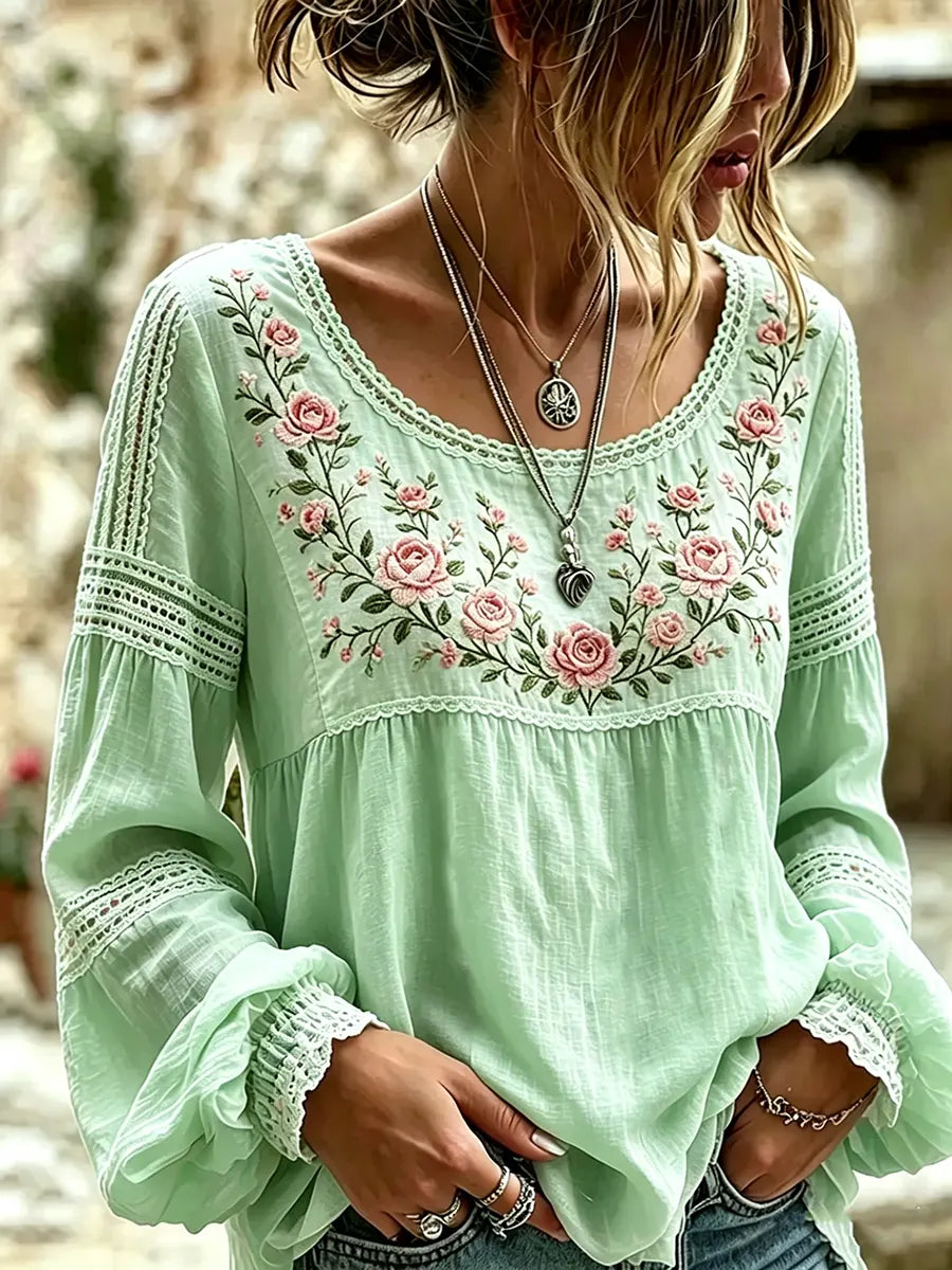Women's Embroidered Linen Blouse Long Sleeve Casual Top