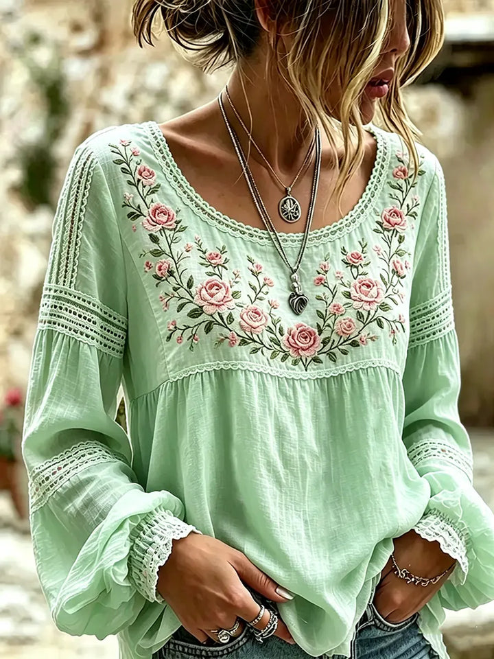 Women's Embroidered Linen Blouse Long Sleeve Casual Top