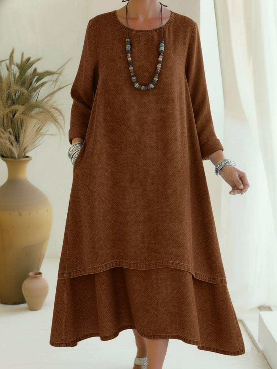 Women's Denim Layered Long Sleeve Maxi Dress