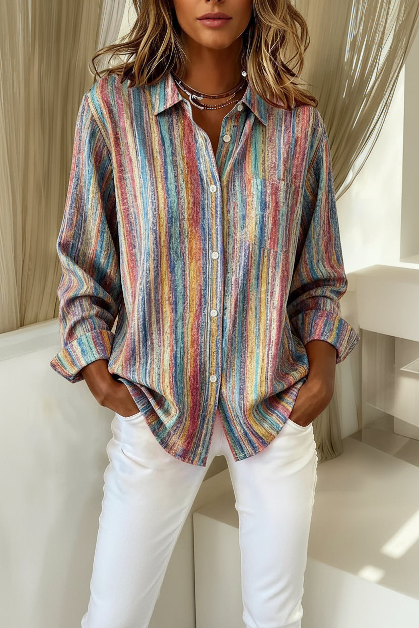 Women's Linen Shirt Stripe Long Sleeve Button Down Blouse