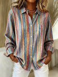 Women's Linen Shirt Stripe Long Sleeve Button Down Blouse