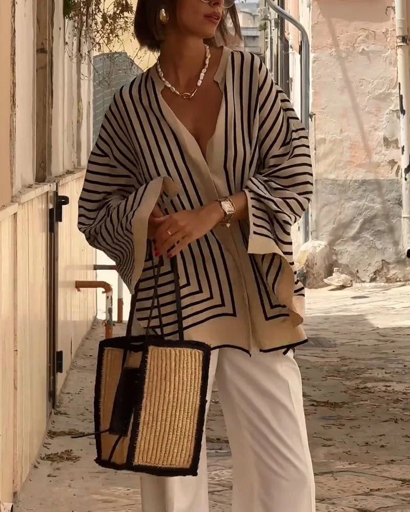 Women’s Linen-Blend Striped Button-Up Blouse